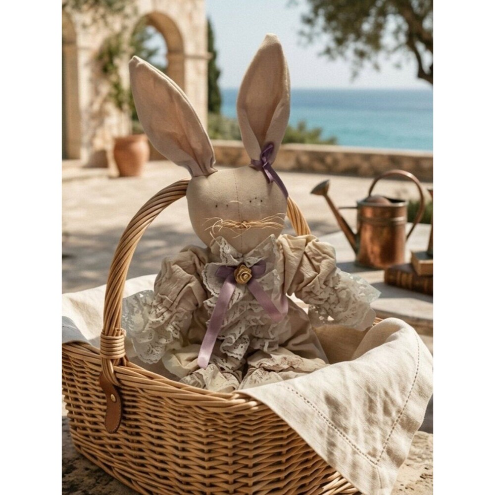 Vintage Handcrafted Cream Fabric Bunny with Lace and Purple Ribbon